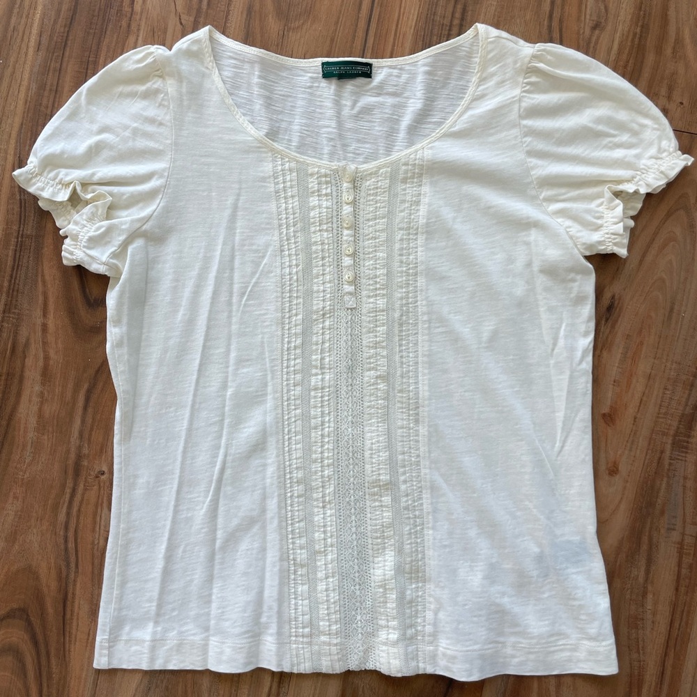 Vintage Ralph Lauren Puff Sleeve Lace Pintuck Blouse Ivory Medium